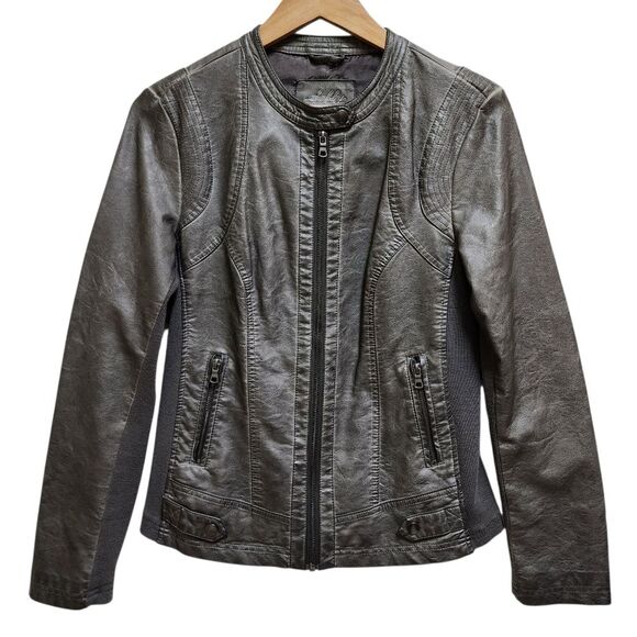 Sebby Moto Jacket Womens M Gray Faux Leather Ribbed Knit Full Zip Biker Rustic - Picture 1 of 15